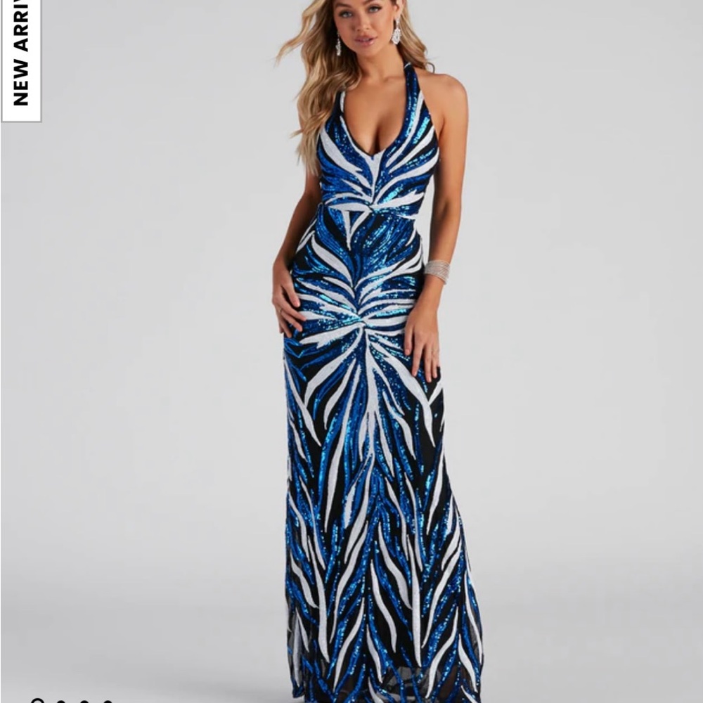 Windsor Blue and White Backless Halter Gown